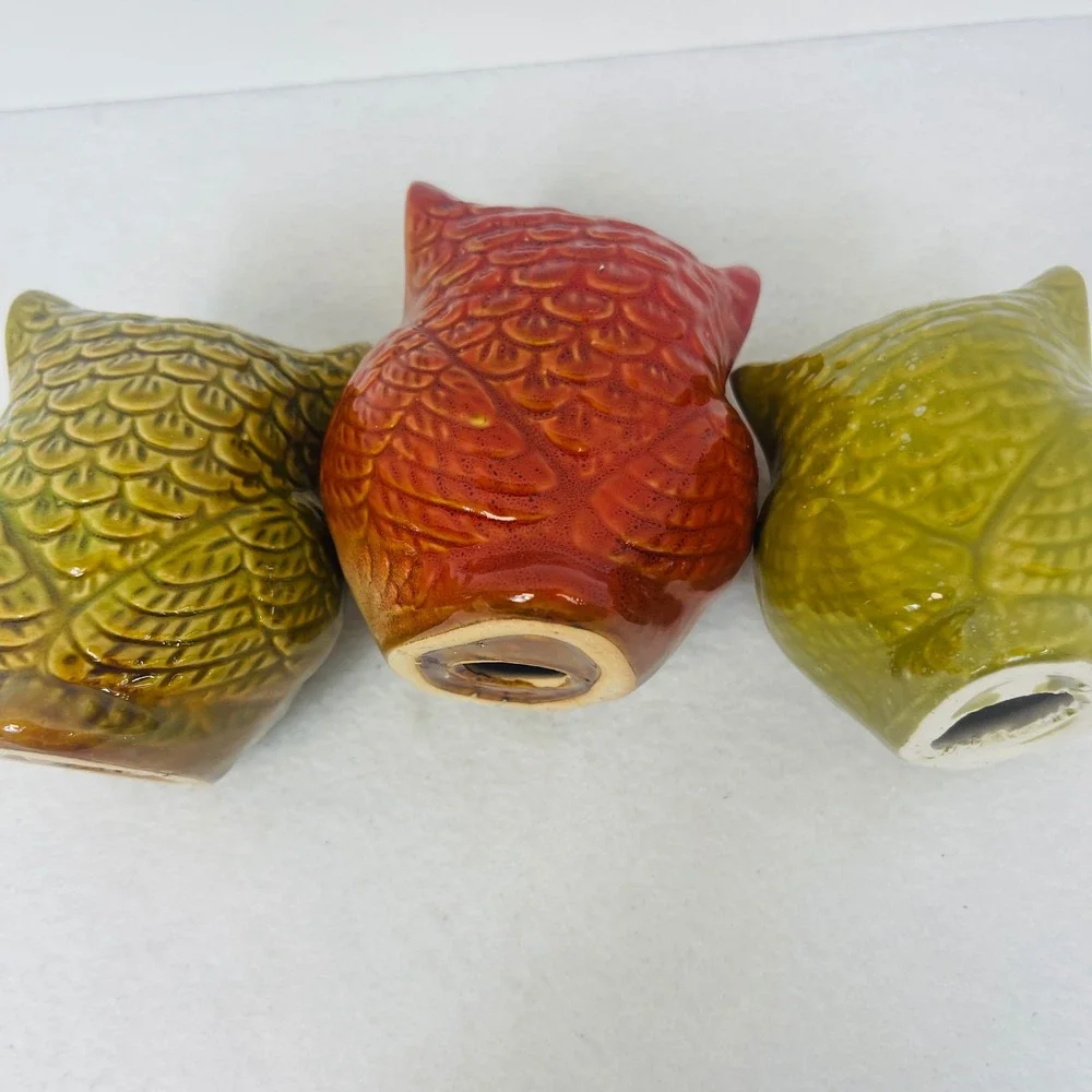 Vintage Style Ceramic Owl Figurines Set of 3 Retro Glaze Bird Yellow Red Green